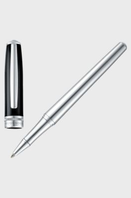 Chrome-plated rollerball pen with black-lacquered cap, Silver tone