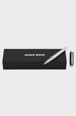 Chrome-plated rollerball pen with black-lacquered cap, Silver tone