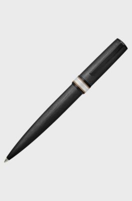 Brushed black ballpoint pen with signature-stripe ring, Black