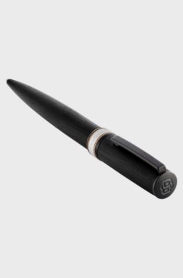 Brushed black ballpoint pen with signature-stripe ring, Black