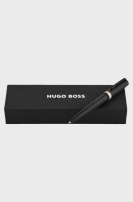 Brushed black ballpoint pen with signature-stripe ring, Black