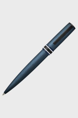 Brushed navy ballpoint pen with striped ring, Dark Blue