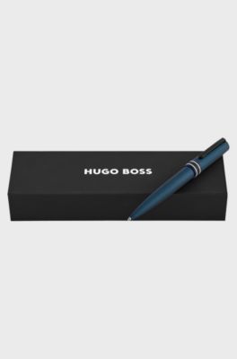 Brushed navy ballpoint pen with striped ring, Dark Blue