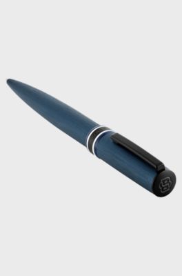 Brushed navy ballpoint pen with striped ring, Dark Blue