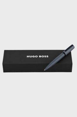 Grey aluminium ballpoint pen with mesh-effect engraving, Anthracite / Dark Blue