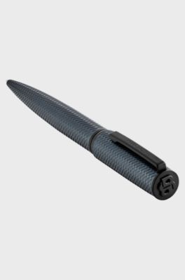 Grey aluminium ballpoint pen with mesh-effect engraving, Anthracite / Dark Blue
