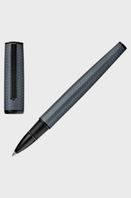 Stylo roller en aluminium gris &agrave; motif grav&eacute; effet treillis, Gris