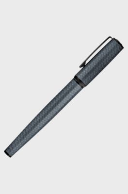 Stylo roller en aluminium gris &agrave; motif grav&eacute; effet treillis, Gris