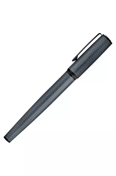 Grey aluminium rollerball pen with mesh-effect engraving