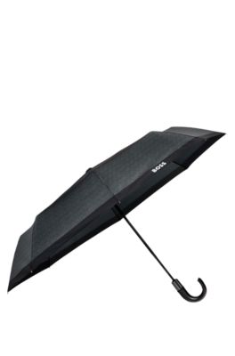 Dark-grey herringbone pocket umbrella with faux-leather handle, Dark Grey