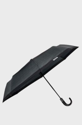 Dark-grey herringbone pocket umbrella with faux-leather handle, Dark Grey