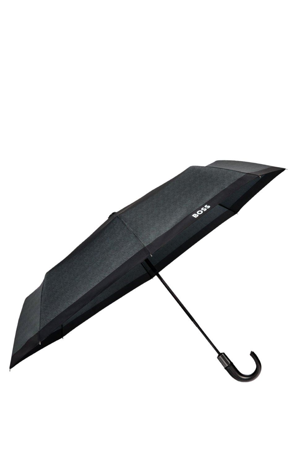 Dark-grey herringbone pocket umbrella with faux-leather handle