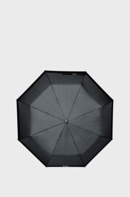Dark-grey herringbone pocket umbrella with faux-leather handle, Dark Grey