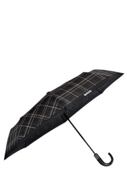 Black checked pocket umbrella with faux-leather handle, Black