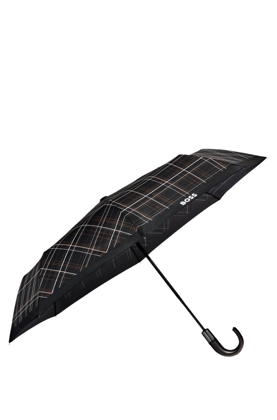 checked pocket umbrella with faux-leather handle