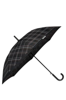 Black checked city umbrella with faux-leather handle, Black