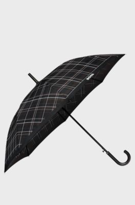 Black checked city umbrella with faux-leather handle, Black