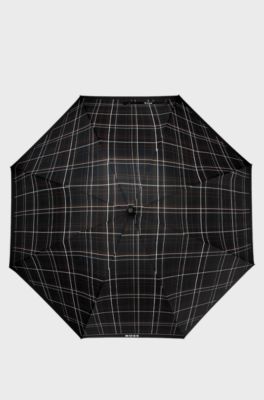 Black checked city umbrella with faux-leather handle, Black