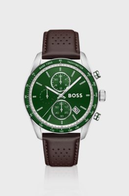 Grand Prix Vitesse green-dial watch with perforated strap, Dark Brown