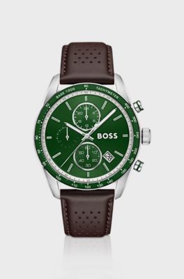 Grand Prix Vitesse green-dial watch with perforated strap, Dark Brown