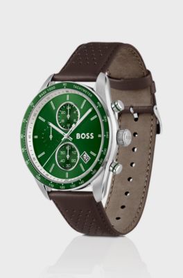 Grand Prix Vitesse green-dial watch with perforated strap, Dark Brown