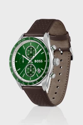Grand Prix Vitesse green-dial watch with perforated strap, Dark Brown