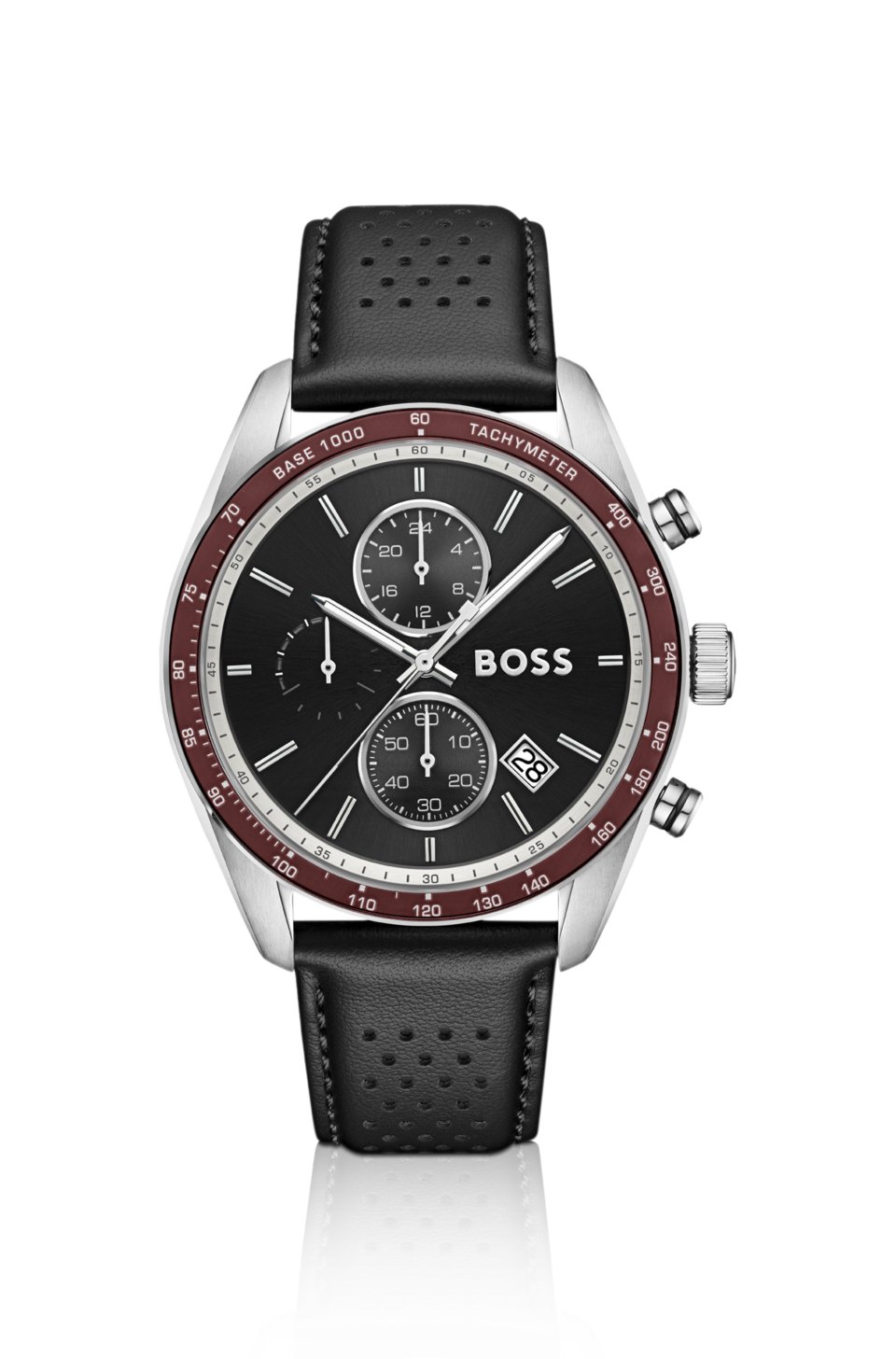 Grand Prix Vitesse black-dial watch with perforated strap