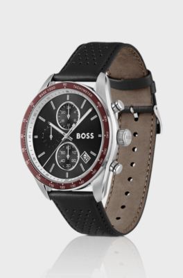 Grand Prix Vitesse black-dial watch with perforated strap , Black