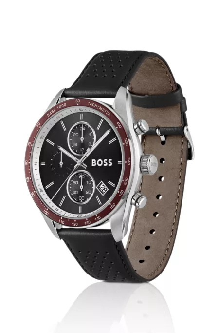 Grand Prix Vitesse black-dial watch with perforated strap