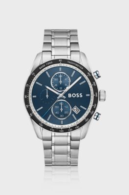 Grand Prix Vitesse blue-dial watch with integrated bracelet, Silver tone