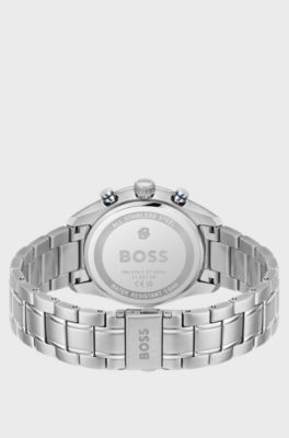 Grand Prix Vitesse blue-dial watch with integrated bracelet, Silver tone