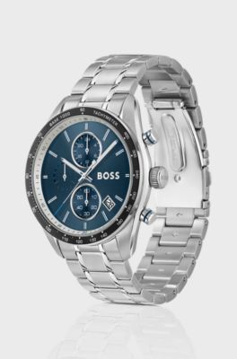 Grand Prix Vitesse blue-dial watch with integrated bracelet, Silver tone