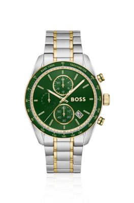 Grand Prix Vitesse two-tone watch with green dial, Silver tone