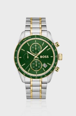 Grand Prix Vitesse two-tone watch with green dial, Silver tone