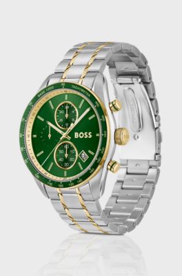 Grand Prix Vitesse two-tone watch with green dial, Silver tone