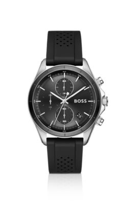 BOSSLETIC stainless-steel watch with perforated silicone strap, Black