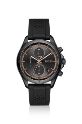 BOSSLETIC black-plated watch with perforated silicone strap, Black