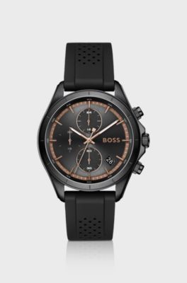 BOSSLETIC black-plated watch with perforated silicone strap, Black