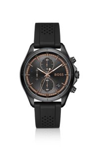 BOSSLETIC black-plated watch with perforated silicone strap, Black