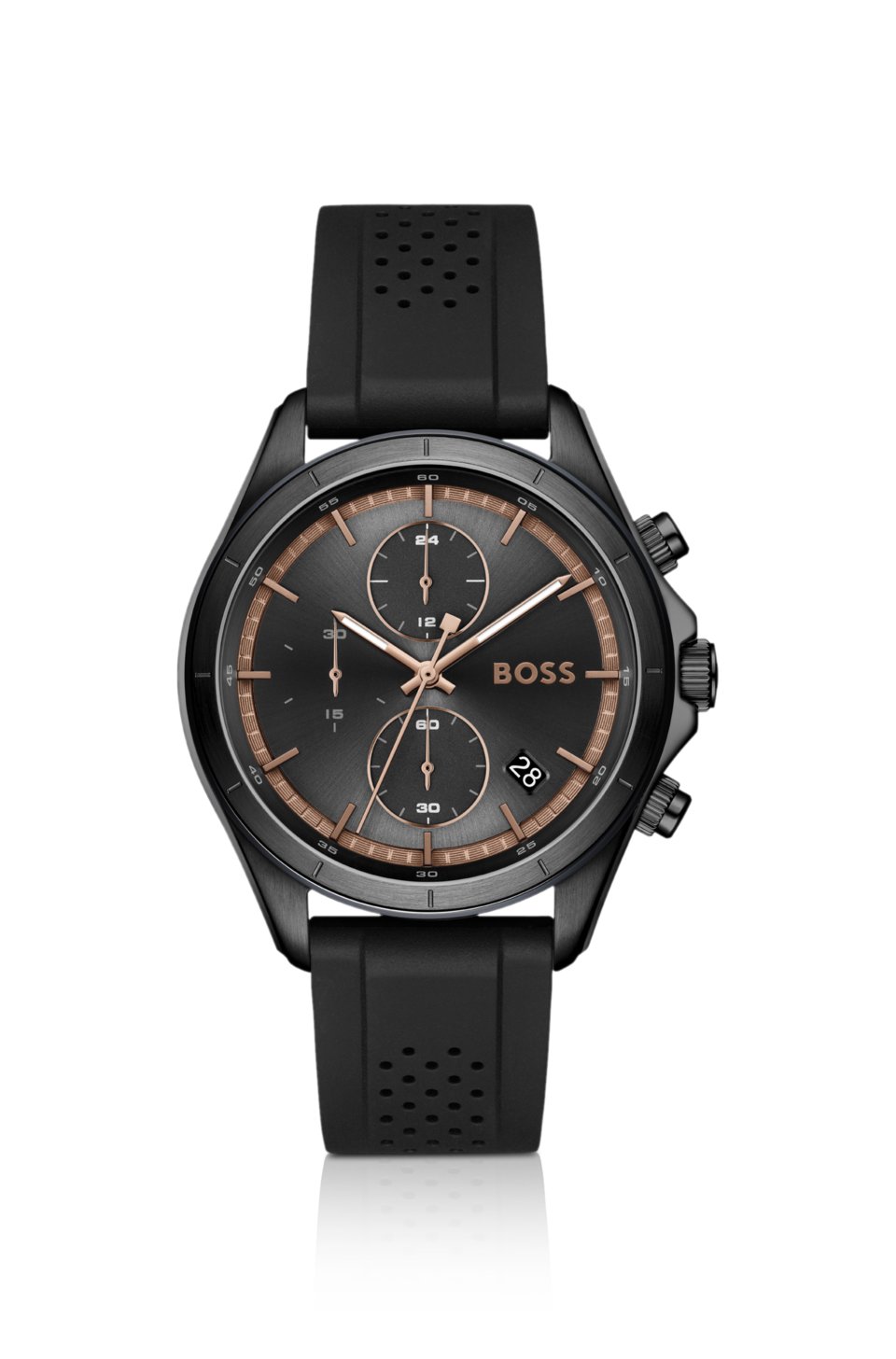 BOSSLETIC black-plated watch with perforated silicone strap