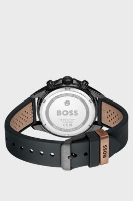 BOSSLETIC black-plated watch with perforated silicone strap, Black