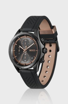 BOSSLETIC black-plated watch with perforated silicone strap, Black