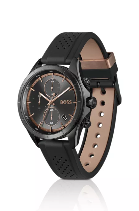 BOSSLETIC black-plated watch with perforated silicone strap