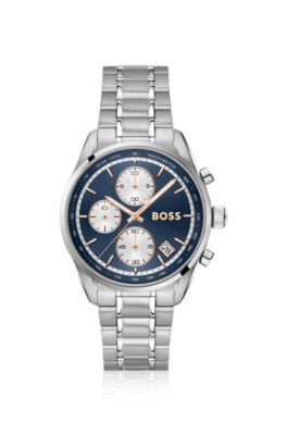 Grand Prix stainless-steel watch with blue dial, Silver tone