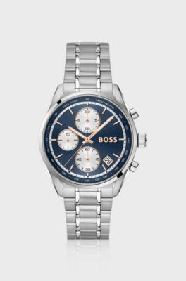 Grand Prix stainless-steel watch with blue dial, Silver tone