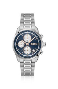 Grand Prix stainless-steel watch with blue dial, Silver tone