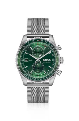 Skytraveller Pro green-dial watch with sapphire crystal, Silver tone