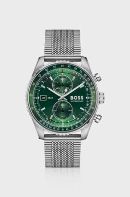 Skytraveller Pro green-dial watch with sapphire crystal, Silver tone