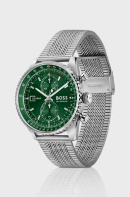 Skytraveller Pro green-dial watch with sapphire crystal, Silver tone
