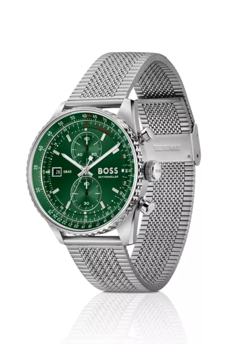 Skytraveller Pro green-dial watch with sapphire crystal